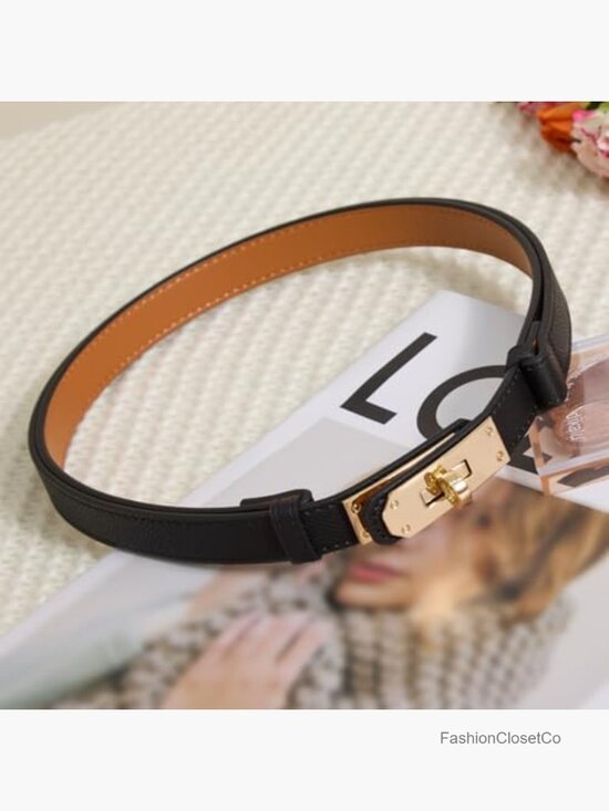 Skinny Leather Belt with Turn-Lock Buckle - Adjustable Thin Belt for Dresses, main image 7